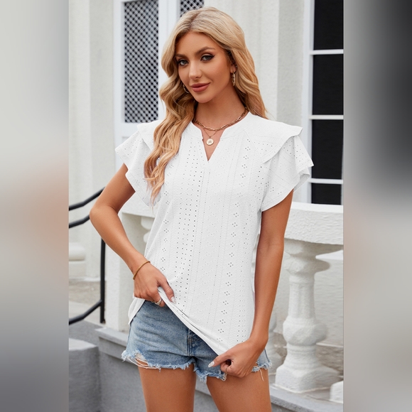 Eyelet Notched Short Sleeve T-Shirt - Picture 1 of 5